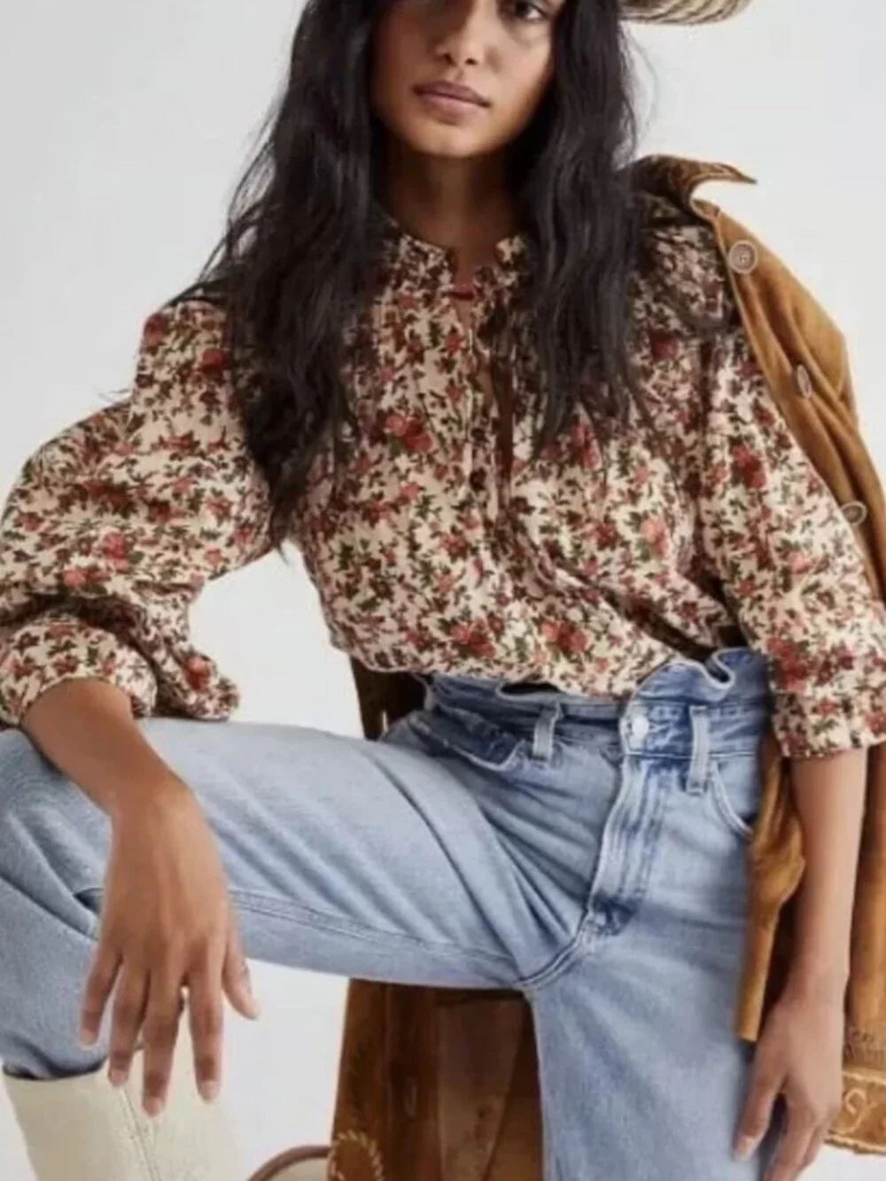Free People “Meant to Be” Floral Blouse Puff sleeves Cream Red Floral print XS